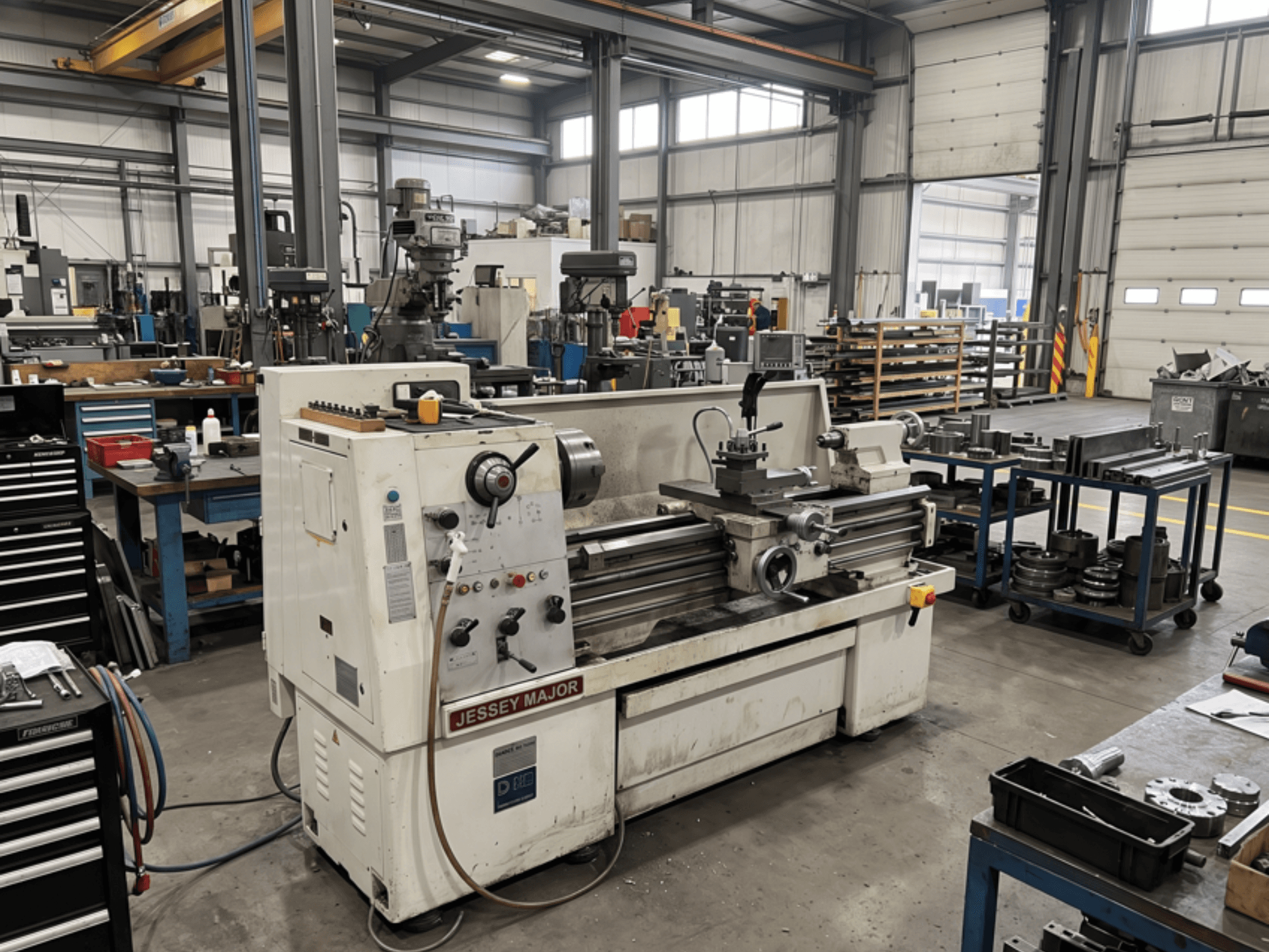 Torno horizontal JESSEY MJ1840 en un taller, vista lateral, en la que se aprecian los mandos y el torno con las herramientas a su lado.