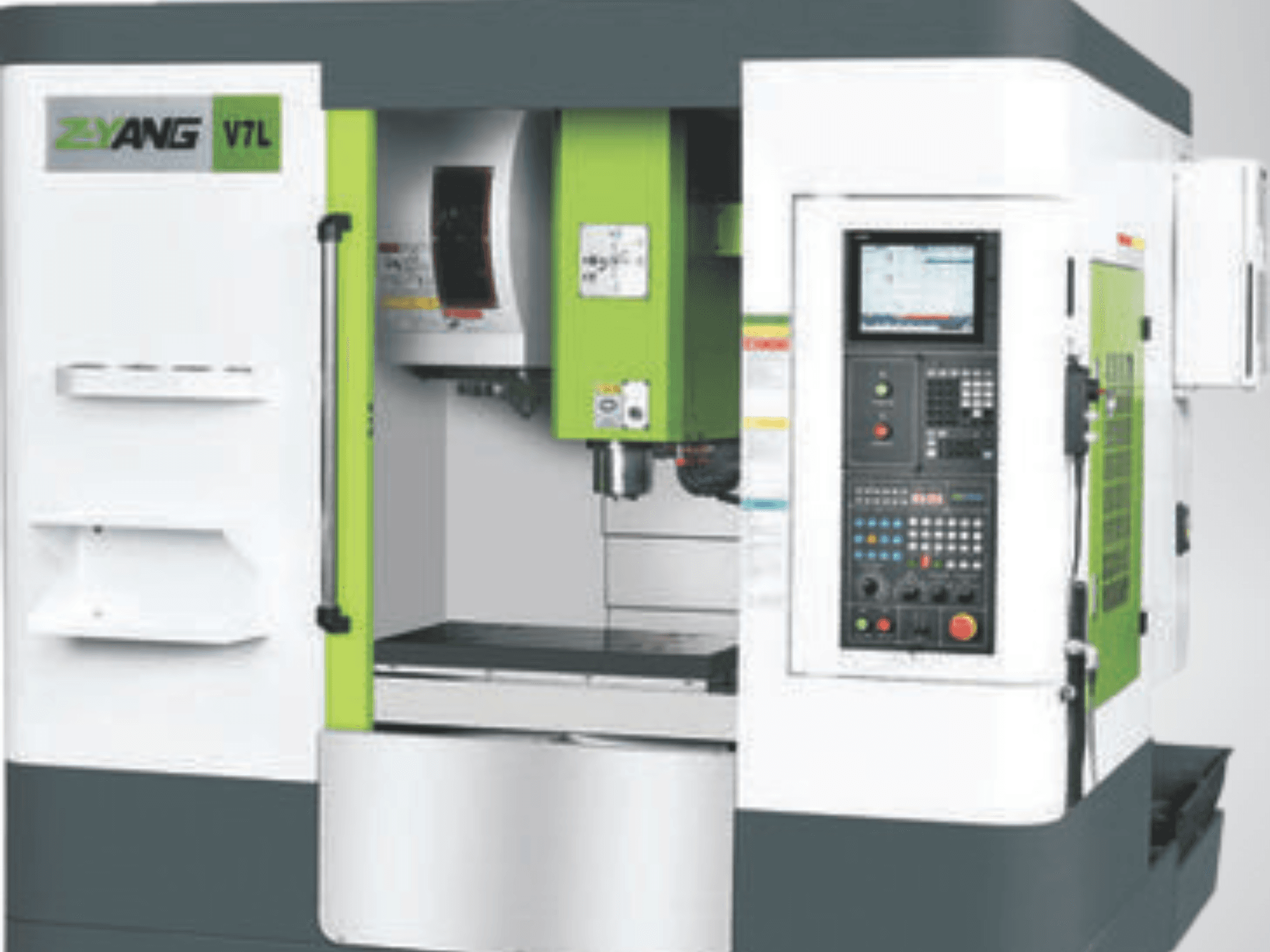 Centro de mecanizado vertical Z-YANG V7L, vista frontal que muestra el panel de control, el área de trabajo y el distintivo diseño verde y blanco.