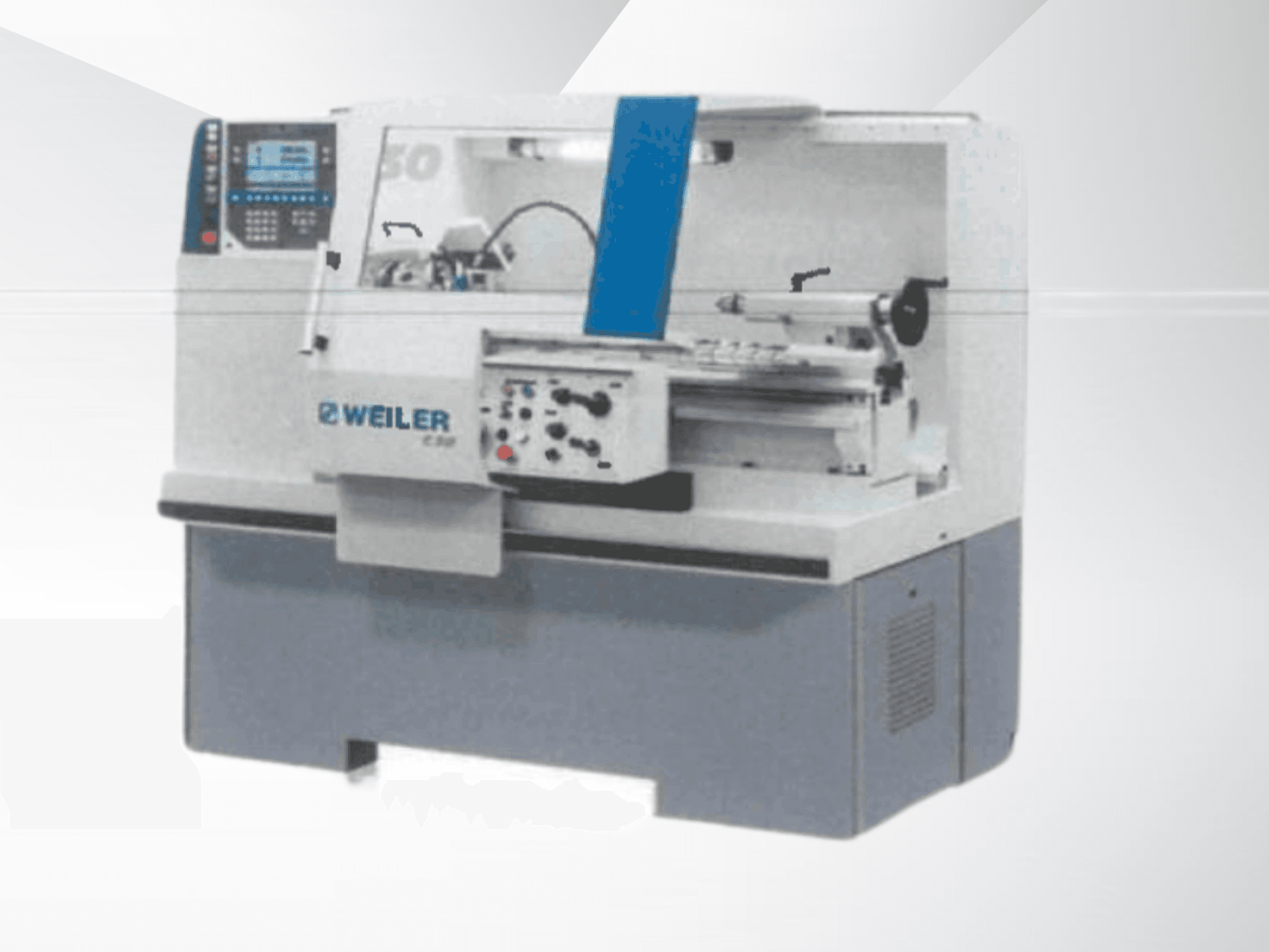 Torno horizontal Weiler C30X 750 visto desde delante, en el que se aprecian el panel de control y los componentes operativos.