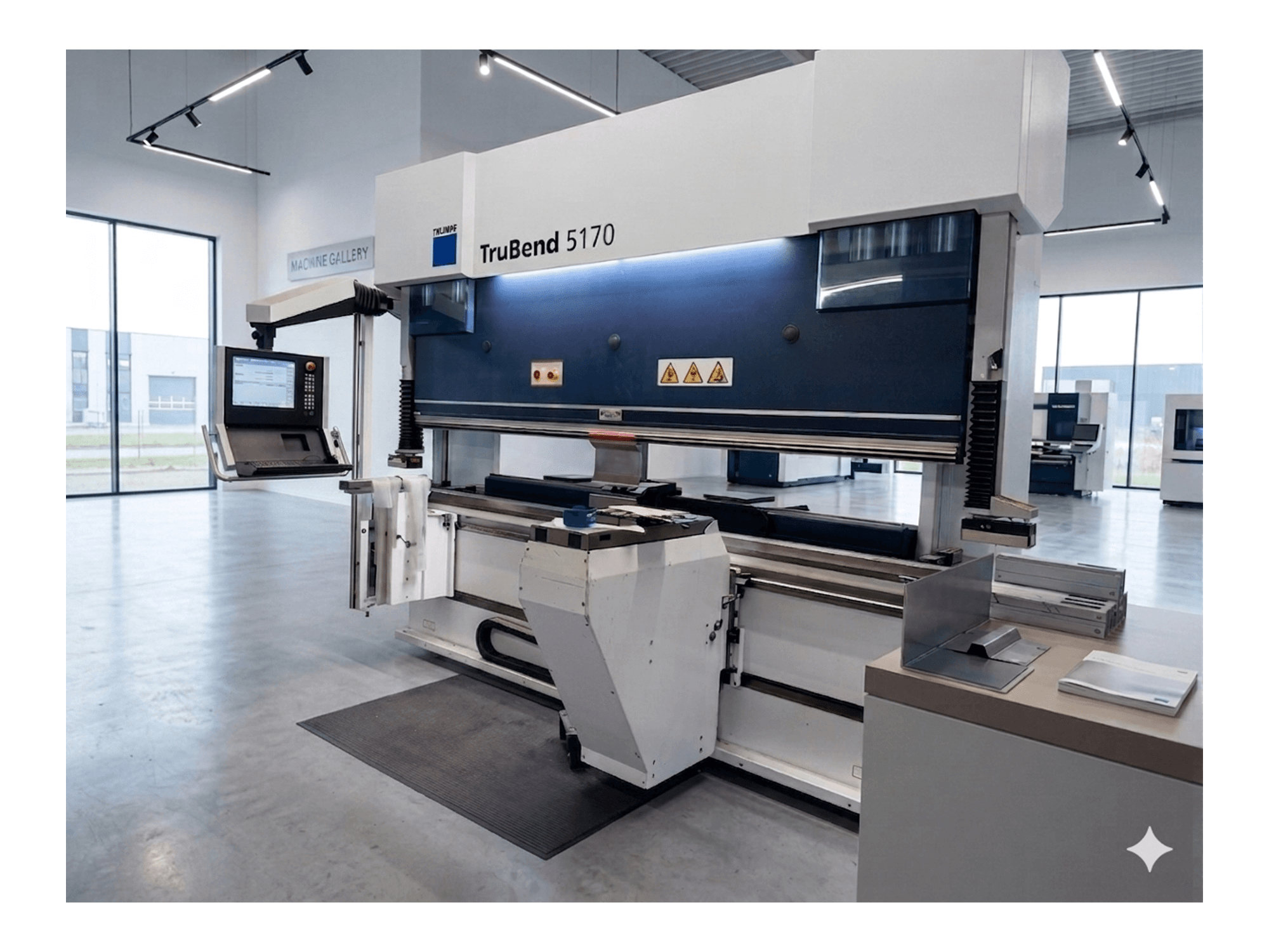 Plegadora TruBend 5170 de TRUMPF, vista frontal con panel de control y mesa de plegado, que muestra el moderno diseño de la máquina.