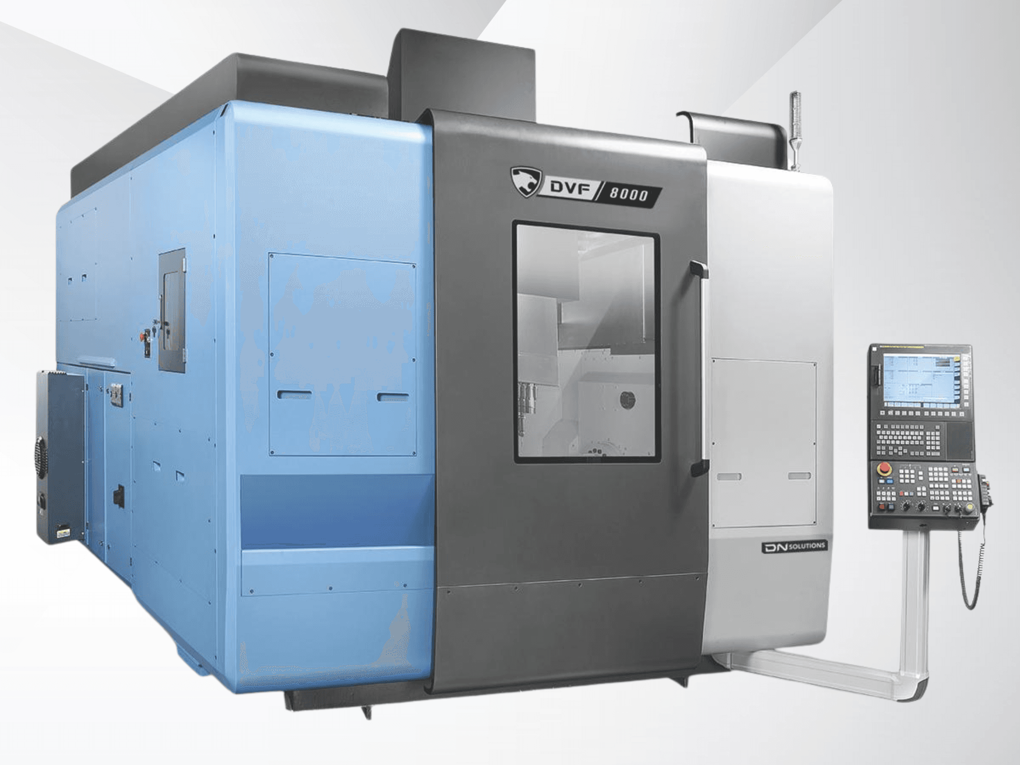 Centro de mecanizado universal DN SOLUTIONS DVF 8000, vista frontal, en la que se aprecian el panel de control y el diseño exterior en dos tonos.