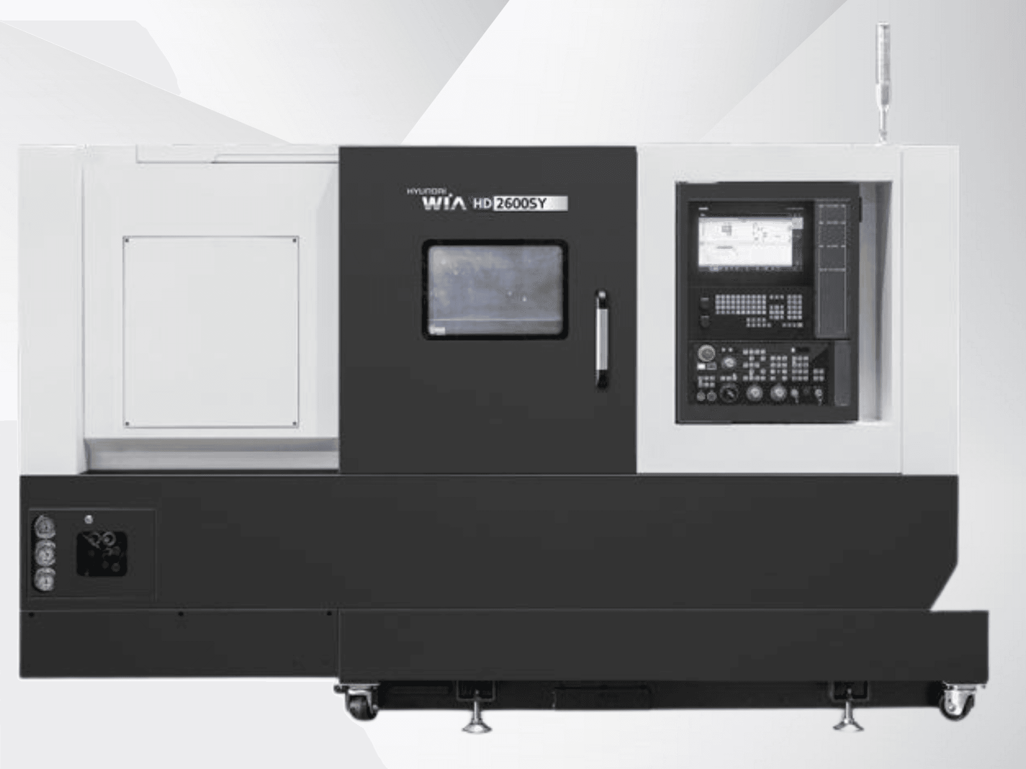 Torno CNC Hyundai WIA HD 2600SY, vista frontal; incluye panel de control digital y área de almacenamiento de herramientas, mostrando las características técnicas.