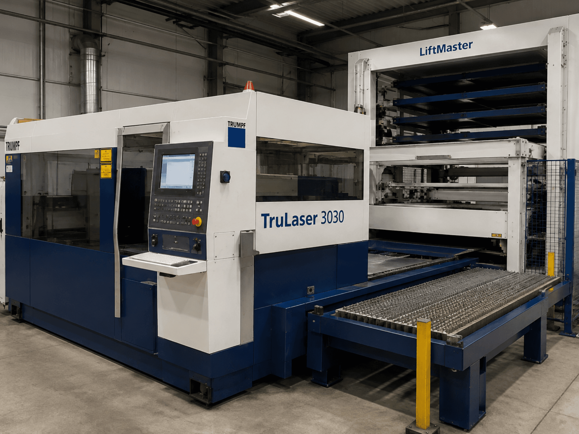 Vista frontal de la máquina de corte por láser de CO₂ TRUMPF TruLaser 3030 con LiftMaster, que cuenta con un panel de control y una mesa para chapas metálicas.