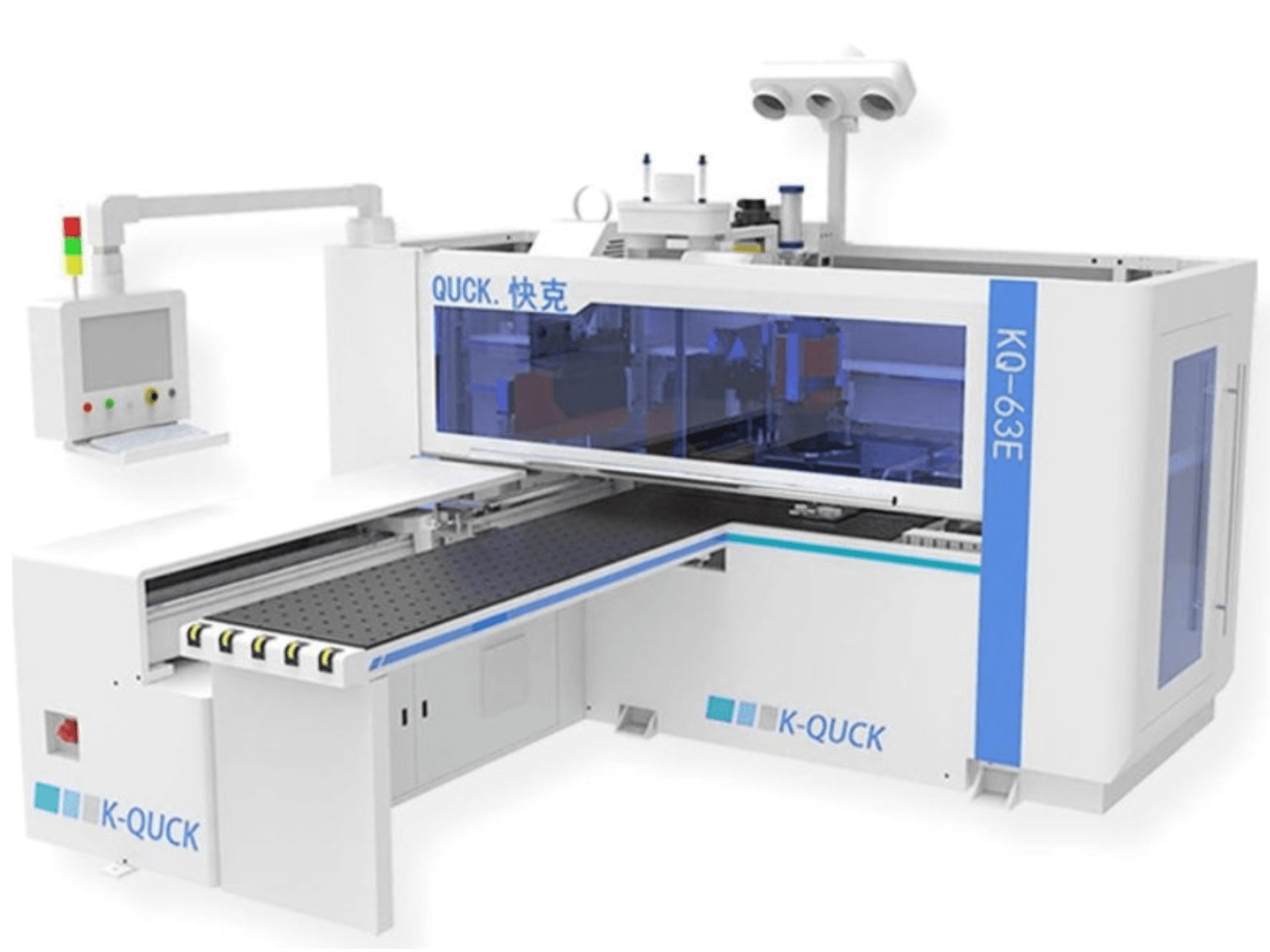 Máquina K-QUICK KQ-63E, vista frontal, presenta panel de control, carcasa transparente y un transportador plano con múltiples rodillos.