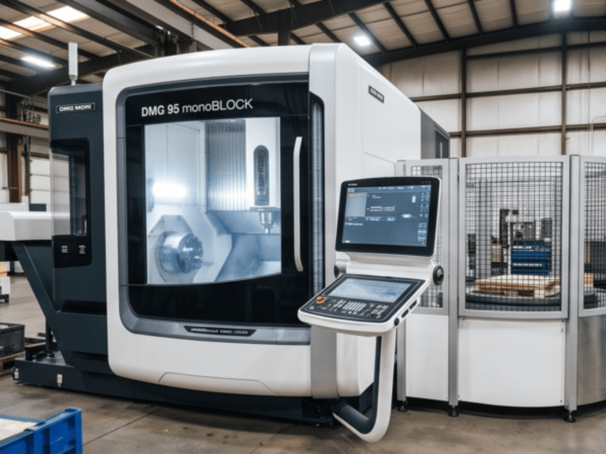Centro de mecanizado vertical DMG MORI DMC 95 monoBLOCK, vista frontal, con panel de control y cerramiento de seguridad.