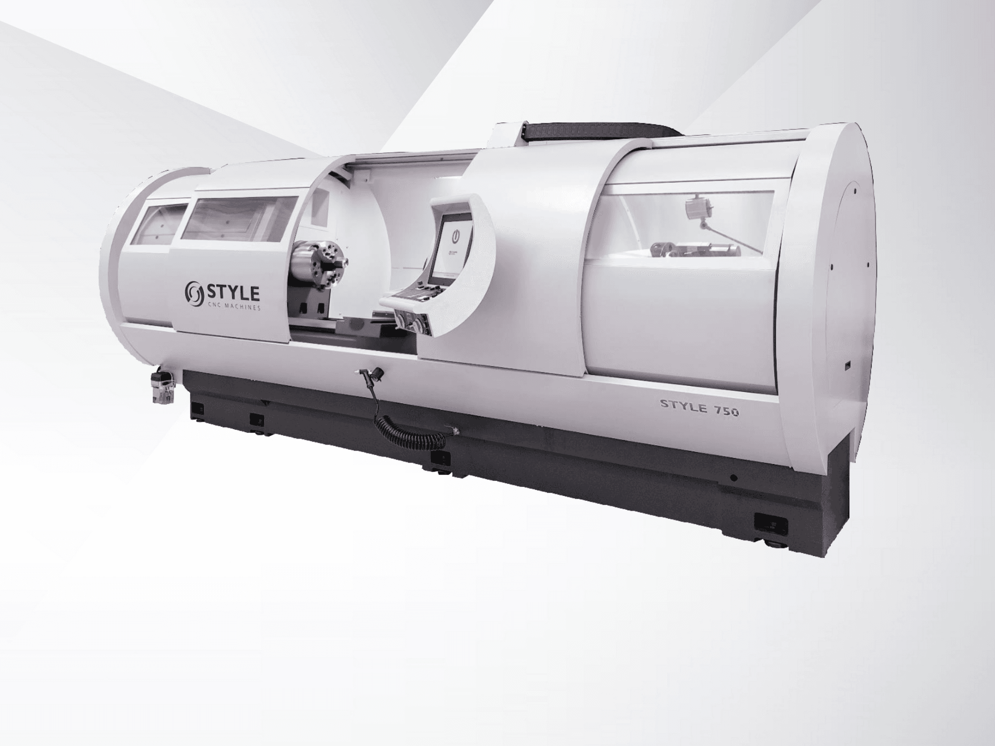 Torno CNC STYLE 750, vista frontal, con gran ventana, panel de control y mecánica de precisión para mecanizado avanzado.