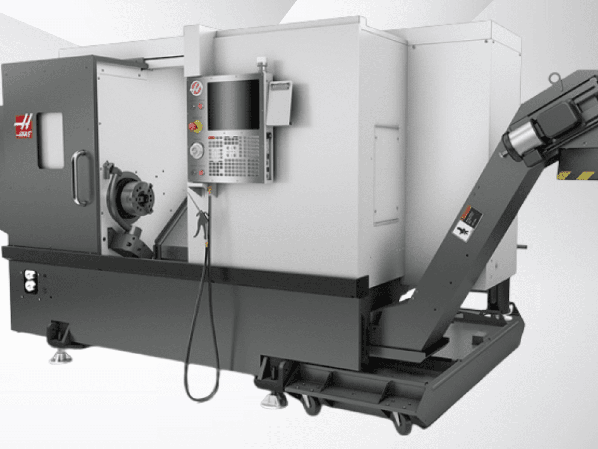 Torno horizontal Haas ST-20; vista frontal en la que se aprecian el panel de control, el husillo y el diseño del transportador de virutas.