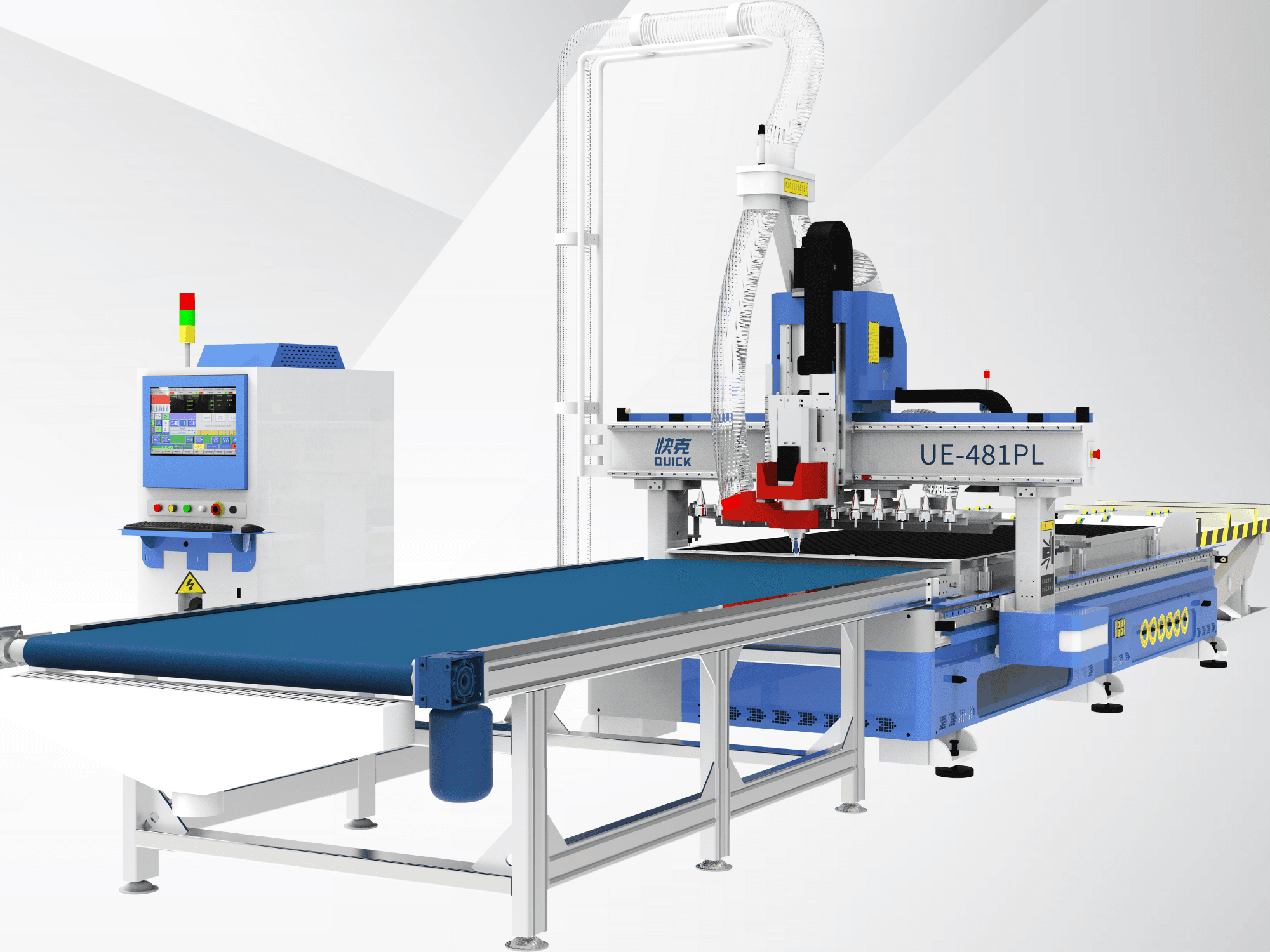 Máquina CNC Blue Quick UE-481PL con control de pantalla táctil, vista frontal, con cinta transportadora y múltiples cabezales de corte.