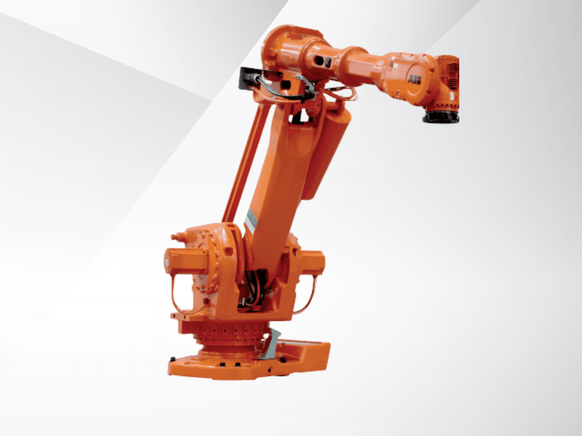 Brazo robótico ABB IRB 6650S-90/3.9 en color naranja, vista lateral, en la que se aprecian las articulaciones y la base para la automatización industrial.