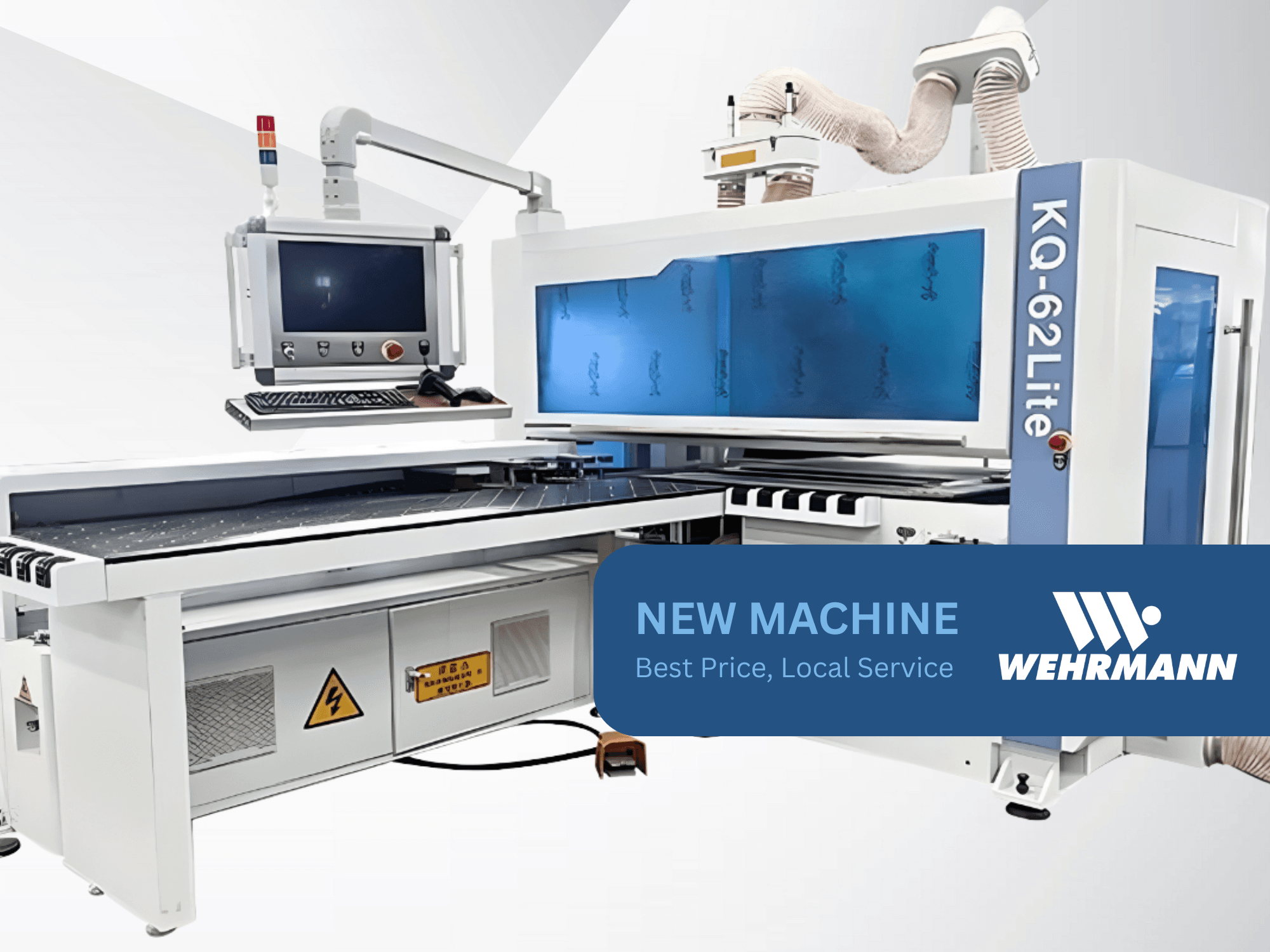 Máquina CNC Wehrmann KQ-62Lite, vista frontal, con pantalla digital, panel de control y cinta transportadora con señales de advertencia de seguridad.