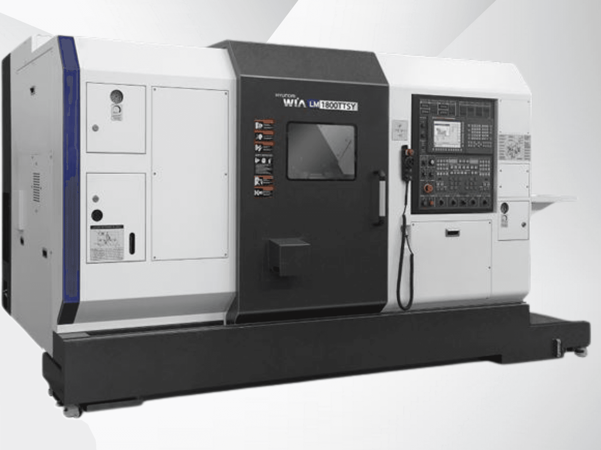 Torno CNC Hyundai LM1800TTSY, vista frontal, con panel de control, exterior en blanco y negro y botones de funcionamiento.