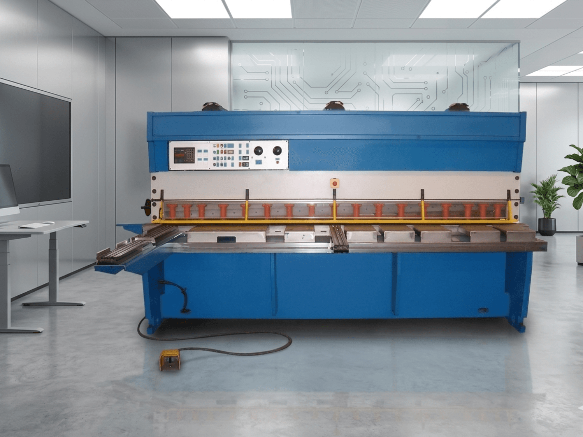 Cizalla hidráulica GASPARINI CO 3006, vista frontal, con panel de control y zona de corte de metal, en un espacio de trabajo moderno.