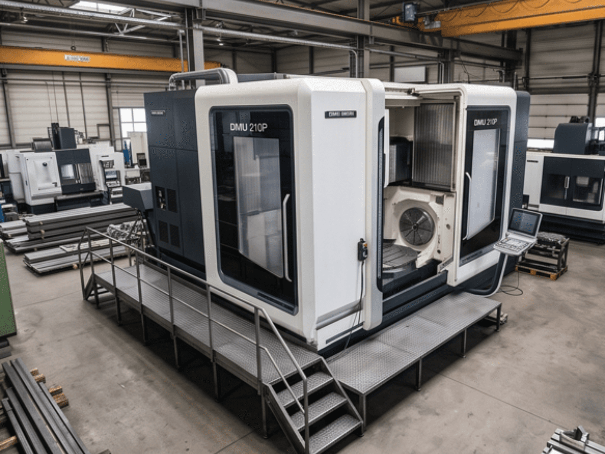Centro de mecanizado universal DMG MORI DMU 210P en un taller; vista lateral en la que se aprecian el panel de control y la plataforma de acceso.